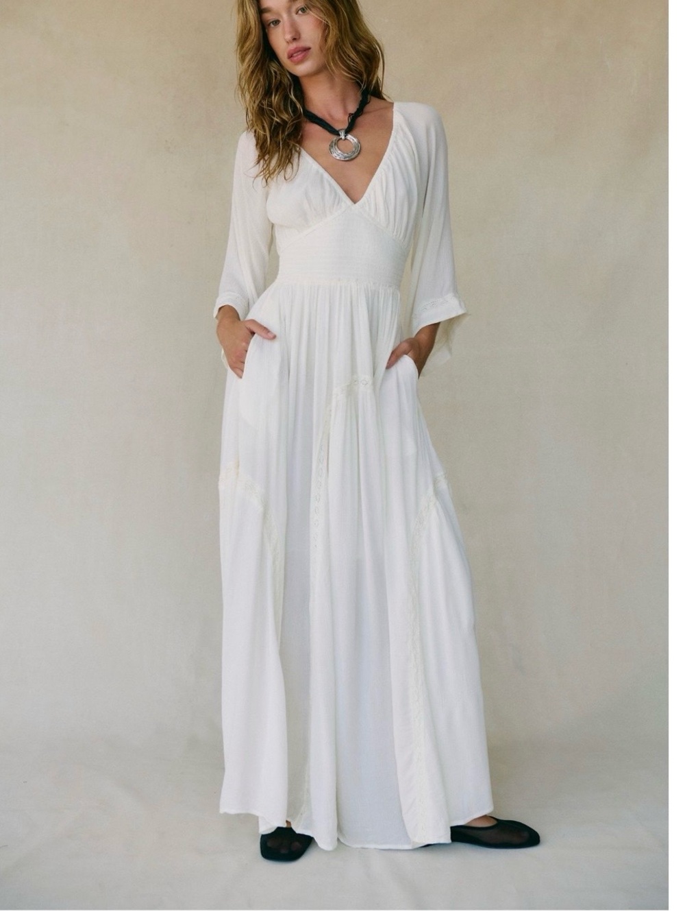 Free People White V-Neck Boho Maxi Dress
